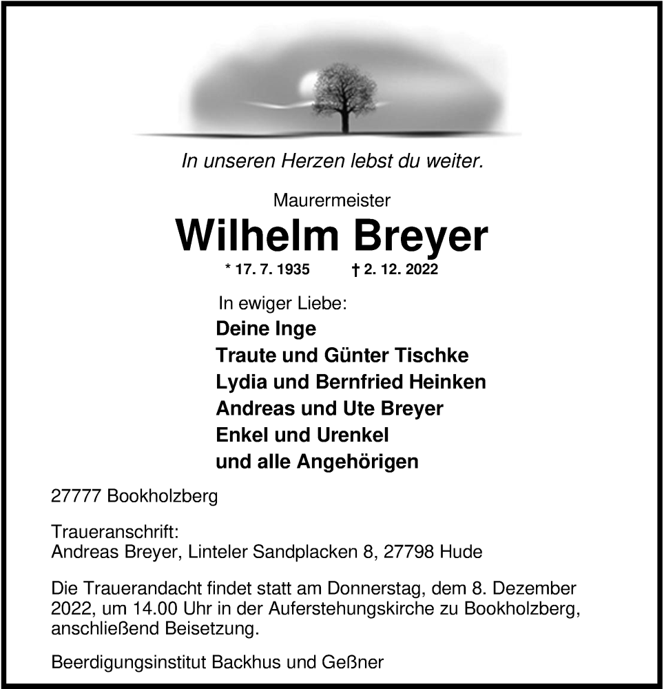  Traueranzeige für Wilhelm Breyer vom 06.12.2022 aus Nordwest-Zeitung