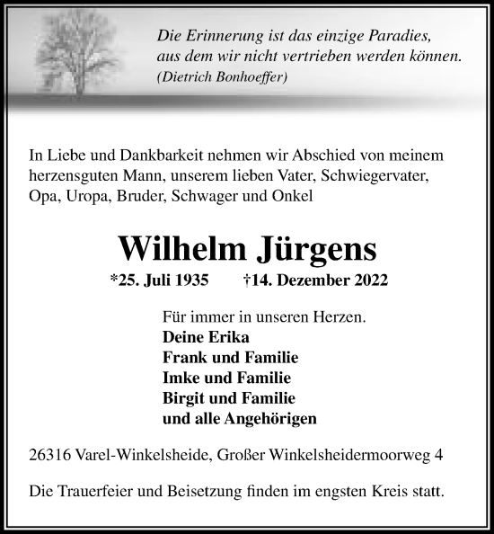 Traueranzeige von Wilhelm Jürgens von Nordwest-Zeitung