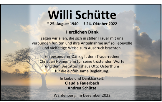Traueranzeige von Willi Schütte von Nordwest-Zeitung