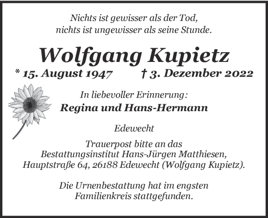 Traueranzeige von Wolfgang Kupietz von Nordwest-Zeitung