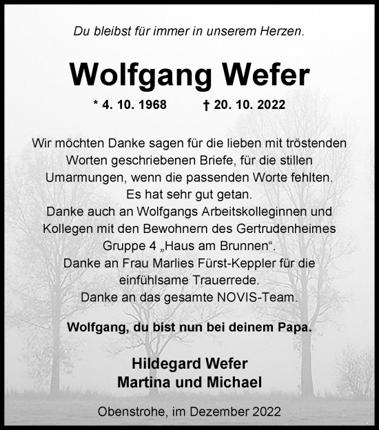 Traueranzeige von Wolfgang Wefer von Nordwest-Zeitung