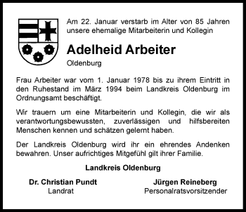 Traueranzeige von Adelheid Arbeiter von Nordwest-Zeitung