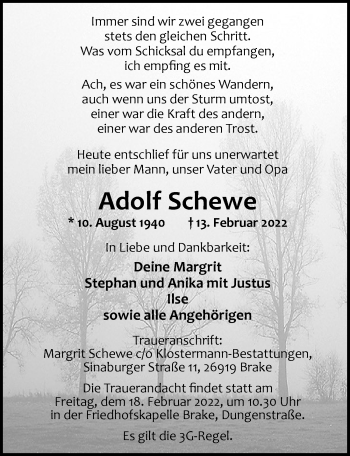 Traueranzeige von Adolf Schewe von Nordwest-Zeitung