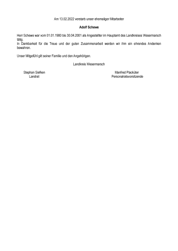 Traueranzeige von Adolf Schewe von Nordwest-Zeitung