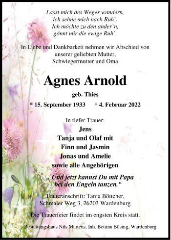Traueranzeige von Agnes Arnold von Nordwest-Zeitung