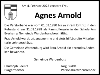 Traueranzeige von Agnes Arnold von Nordwest-Zeitung