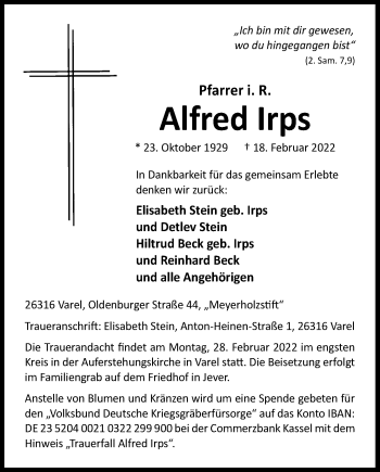 Traueranzeige von Alfred Irps von Nordwest-Zeitung