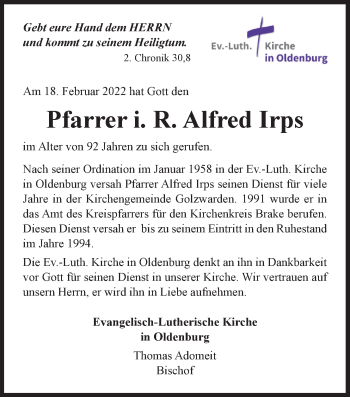 Traueranzeige von Alfred Irps von Nordwest-Zeitung