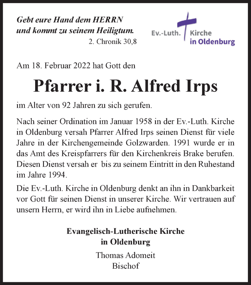  Traueranzeige für Alfred Irps vom 24.02.2022 aus Nordwest-Zeitung