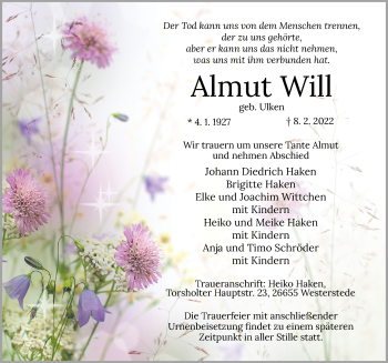 Traueranzeige von Almut Will von Nordwest-Zeitung