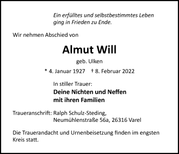 Traueranzeige von Almut Will von Nordwest-Zeitung