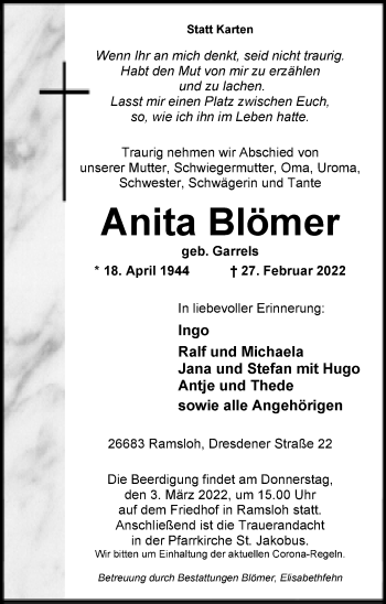 Traueranzeige von Anita Blömer von Nordwest-Zeitung