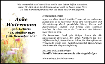 Traueranzeige von Anke Watermann von Nordwest-Zeitung