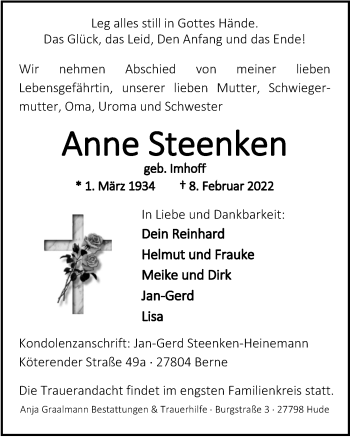 Traueranzeige von Anne Steenken von Nordwest-Zeitung