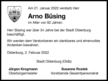 Traueranzeige von Arno Büsing von Nordwest-Zeitung