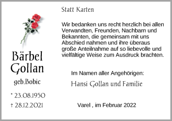 Traueranzeige von Bärbel Gollan von Nordwest-Zeitung