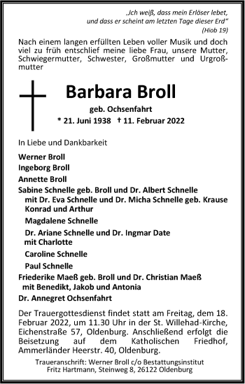 Traueranzeige von Barbara Broll von Nordwest-Zeitung
