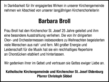 Traueranzeige von Barbara Broll von Nordwest-Zeitung