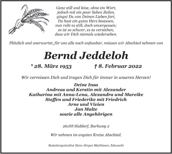 Traueranzeige von Bernd Jeddeloh von Nordwest-Zeitung