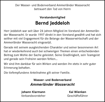 Traueranzeige von Bernd Jeddeloh von Nordwest-Zeitung