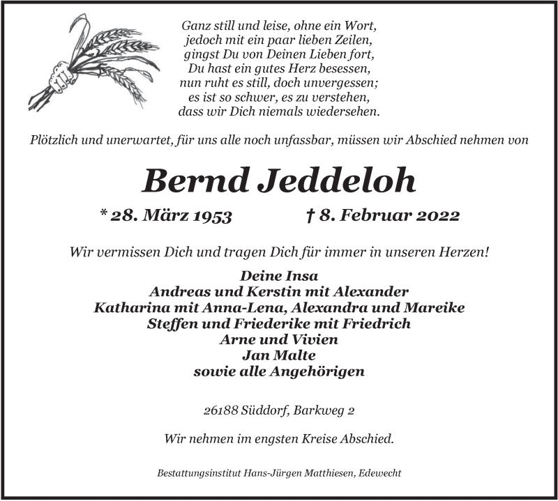  Traueranzeige für Bernd Jeddeloh vom 12.02.2022 aus Nordwest-Zeitung
