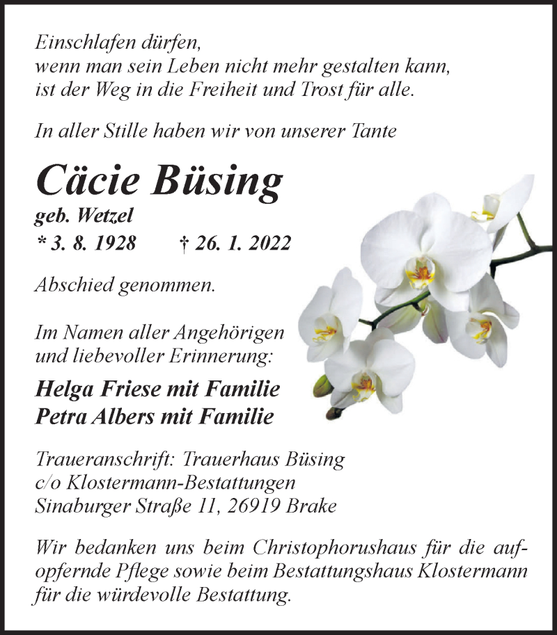  Traueranzeige für Cäcilie Büsing vom 05.02.2022 aus Nordwest-Zeitung