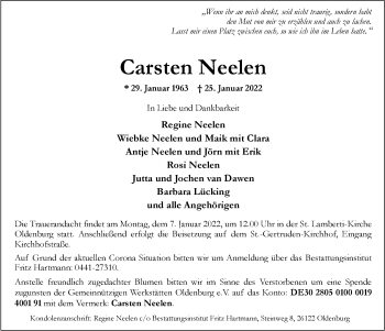 Traueranzeige von Carsten Neelen von Nordwest-Zeitung