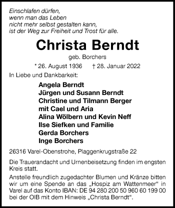 Traueranzeige von Christa Berndt von Nordwest-Zeitung
