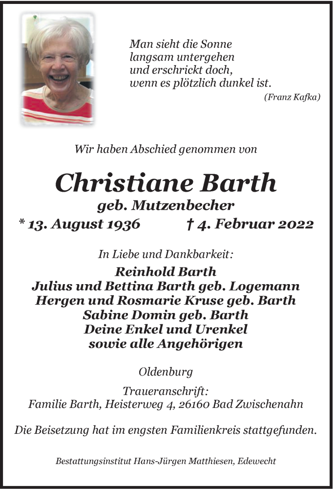  Traueranzeige für Christiane Barth vom 23.02.2022 aus Nordwest-Zeitung