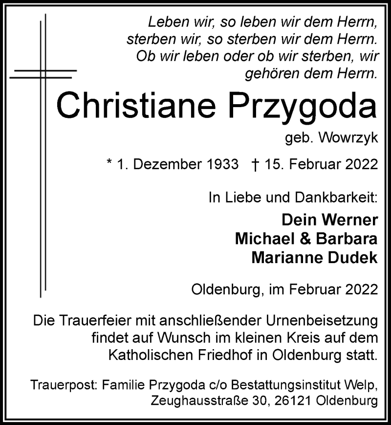  Traueranzeige für Christiane Przygoda vom 19.02.2022 aus Nordwest-Zeitung
