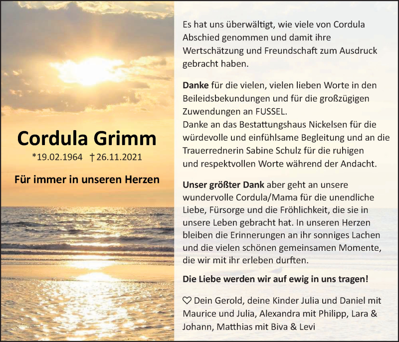  Traueranzeige für Cordula Grimm vom 12.02.2022 aus Nordwest-Zeitung
