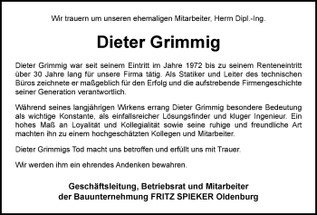 Traueranzeige von Dieter Grimmig von Nordwest-Zeitung
