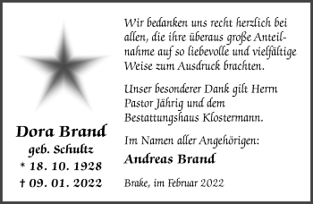 Traueranzeige von Dora Brand von Nordwest-Zeitung