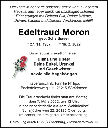 Traueranzeige von Edeltraut Moron von Nordwest-Zeitung