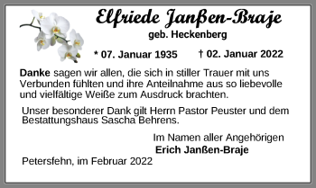 Traueranzeige von Elfriede Janßen-Braje von Nordwest-Zeitung