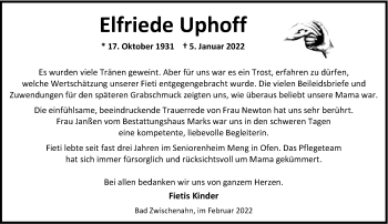 Traueranzeige von Elfriede Uphoff von Nordwest-Zeitung