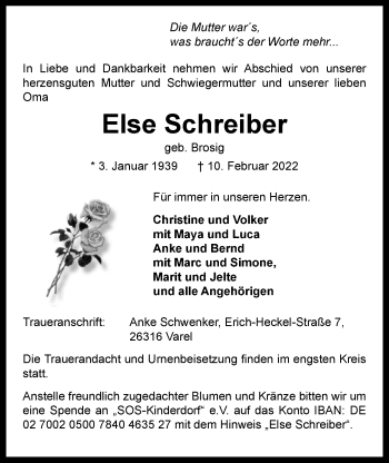 Traueranzeige von Else Schreiber von Nordwest-Zeitung