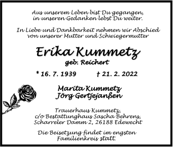 Traueranzeige von Erika Kummetz von Nordwest-Zeitung