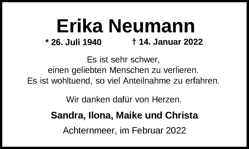  Traueranzeige für Erika Neumann vom 26.02.2022 aus Nordwest-Zeitung