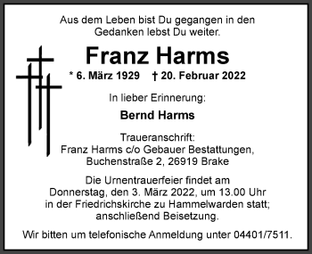 Traueranzeige von Franz Harms von Nordwest-Zeitung