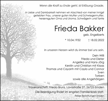 Traueranzeige von Frieda Bakker von Emder Zeitung