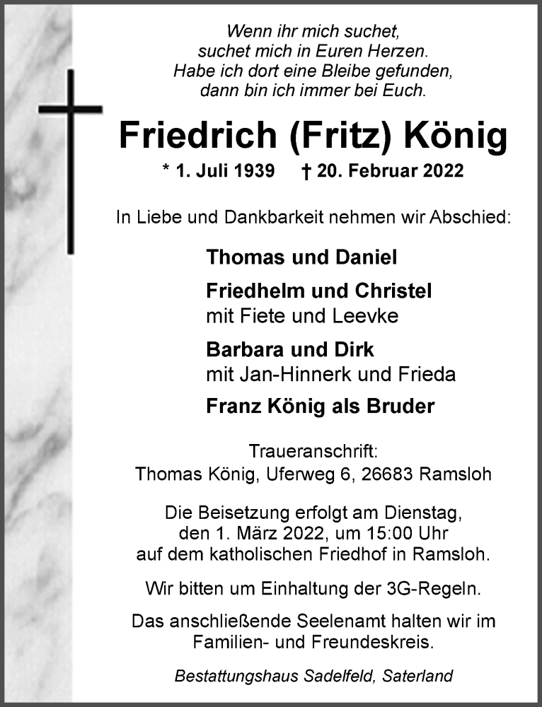  Traueranzeige für Friedrich König vom 24.02.2022 aus Nordwest-Zeitung
