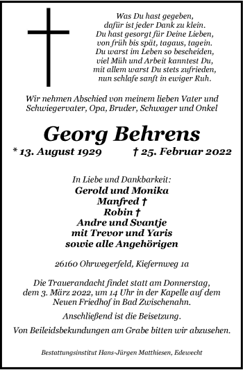 Traueranzeige von Georg Behrens von Nordwest-Zeitung