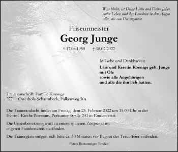Traueranzeige von Georg Junge von Emder Zeitung