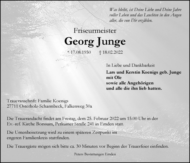  Traueranzeige für Georg Junge vom 22.02.2022 aus Emder Zeitung