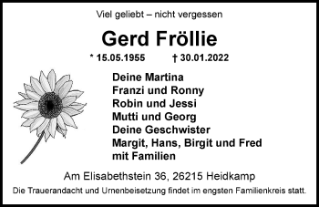 Traueranzeige von Gerd Fröllie von Nordwest-Zeitung