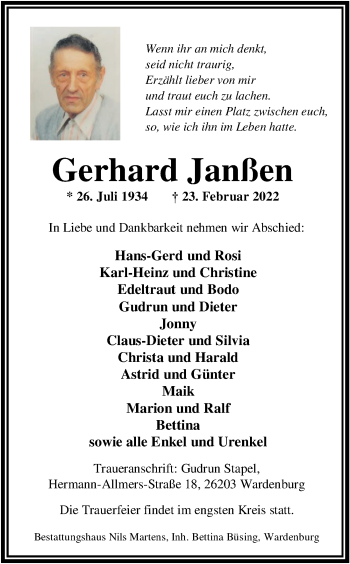 Traueranzeige von Gerhard Janßen von Nordwest-Zeitung