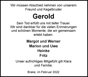 Traueranzeige von Gerold Bunjes von Nordwest-Zeitung