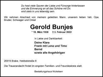Traueranzeige von Gerold Bunjes von Nordwest-Zeitung