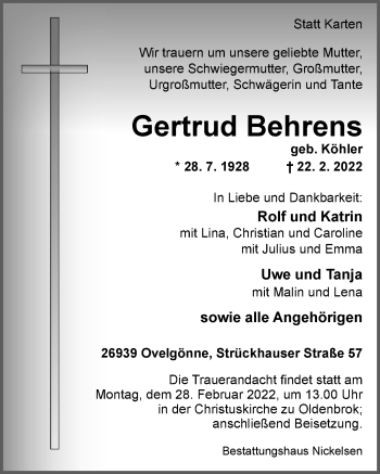 Traueranzeige von Gertrud Behrens von Nordwest-Zeitung
